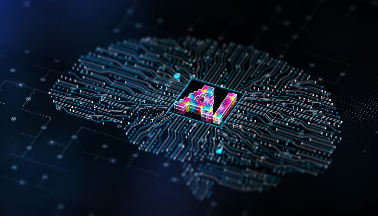 A glowing digital “AI” logo sitting on a circuit board with interconnected glowing nodes and data lines on a dark background